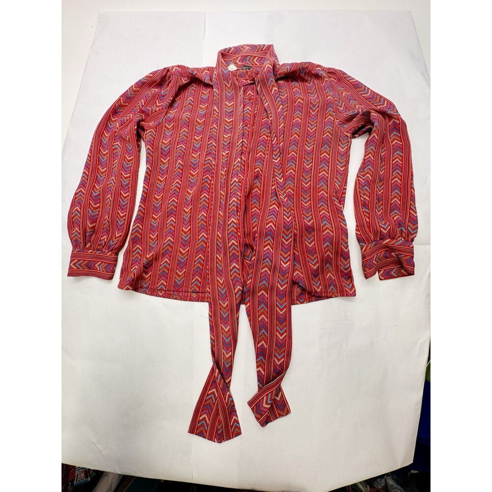 Vintage Joanie Womens 11/12 Red Chevron Stripe Tie Neck Blouse Long Sleeve